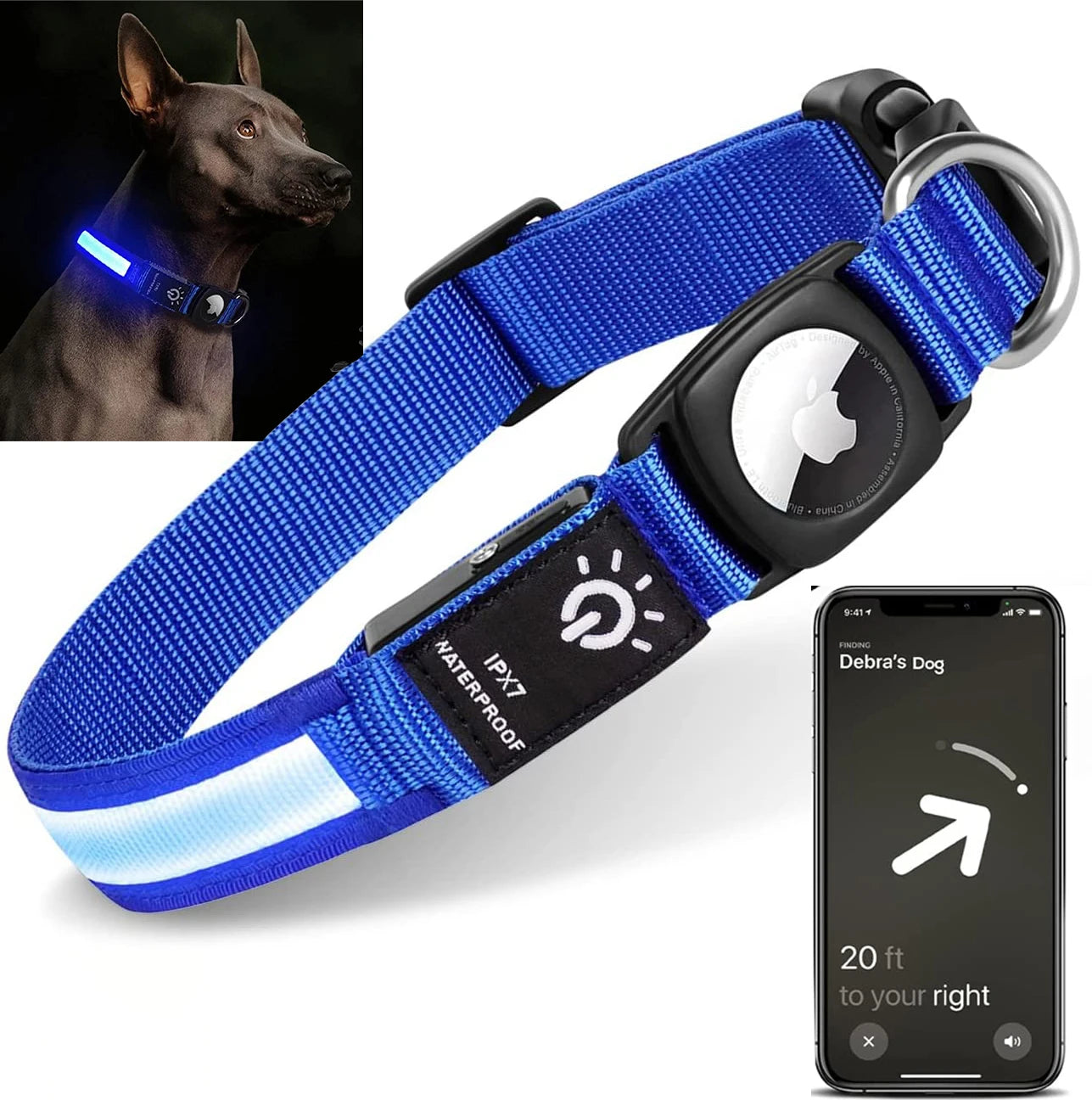 For Apple Airtag GPS Finder Led Dog Collar Waterproof Light USB Chargeable Luminous Collar Pet for Apple Air Tag Tracker Case